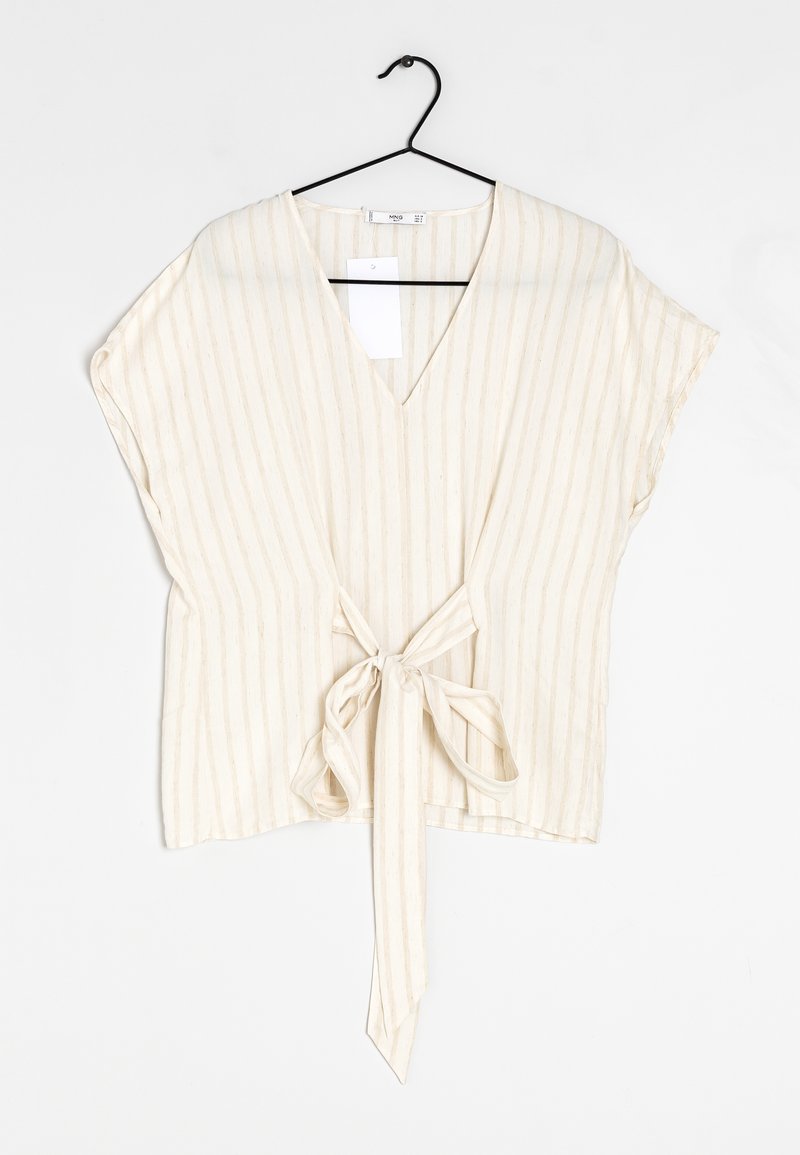Beżowa bluzka w paski z głębokim dekoltem w serek, krótkimi rękawami i wiązaniem w talii. Wykonana z lekkiego materiału o miękkiej fakturze.