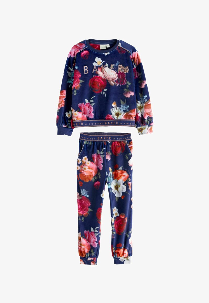 Floral-patterned loungewear set featuring a blue base, long-sleeved top with "BAKER" text, and matching pants with an elastic waistband.