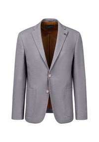 Grauer Blazer mit strukturiertem Gewebe, einreihigem Design, zwei Fronttaschen und hellbrauner Innenauskleidung. Verfügt über zwei Knöpfe.
