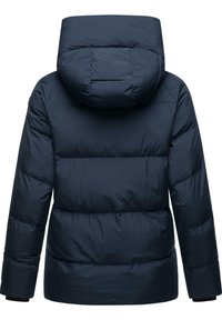 Marineblauwe pufferjack met een capuchon, met een doorgestikt ontwerp, elastische manchetten en een zijkant uitgesneden onderkant, gemaakt van glad, geïsoleerd materiaal.