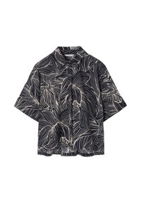 Chemise noire à manches courtes avec un grand motif florale beige en art linéaire et un col classique, présentée sur fond blanc.