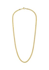 Gouden metalen ketting met een plat schakeldesign. Gladde textuur en gepolijste afwerking. Voorzien van een veilige karabijnsluiting.