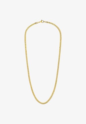 Gouden metalen ketting met een plat schakeldesign. Gladde textuur en gepolijste afwerking. Voorzien van een veilige karabijnsluiting.