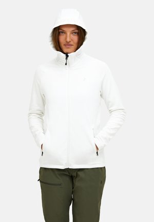 Haut à fermeture éclair blanc avec un col haut et une capuche ajustable, doté de poches latérales et d'un tissu lisse et extensible pour le confort.
