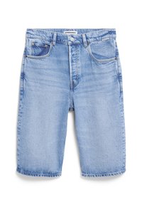 Hellblaue Denim-Shorts mit lockerer Passform, ausgestattet mit fünf Taschen, einem Knopfverschluss und sichtbaren Nähten an den Säumen.