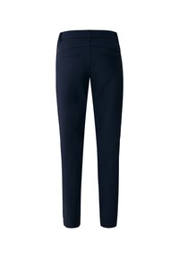 Pantalones azul marino con un corte ajustado, que presentan una textura suave, piernas estrechas y dos bolsillos traseros. Un sutil bordado adorna el diseño.