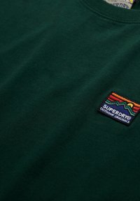 Camiseta de algodón verde con un pequeño logo bordado multicolor en el pecho izquierdo, con cuello redondo y textura suave.