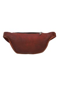 Brązowa skórzana nerka o eleganckim wyglądzie, wyposażona w zamek błyskawiczny, gładką fakturę i zaokrąglone krawędzie dla większego komfortu.