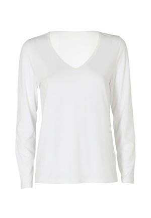 Maglietta bianca a maniche lunghe con scollatura a V e cuciture testurizzate a contrasto lungo il collo. Tessuto liscio con vestibilità comoda.