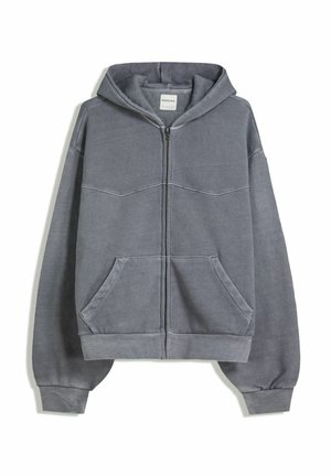 Gray zip-up hoodie with front pockets, long sleeves, ribbed cuffs, and a hood, displayed on a white background.