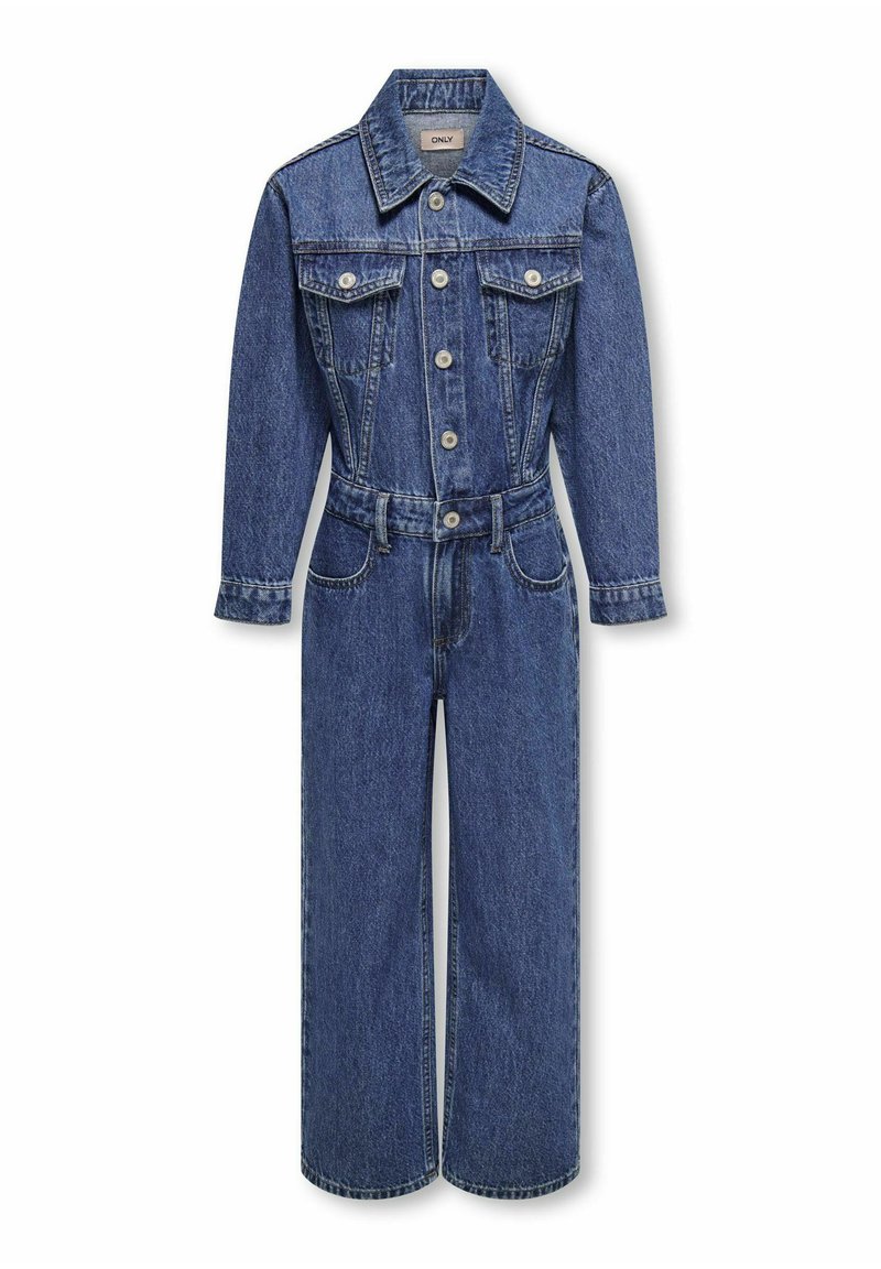 Denim jumpsuit in blue with long sleeves, a shirt collar, front buttons, and two chest pockets. Loose-fitting, wide-leg design.