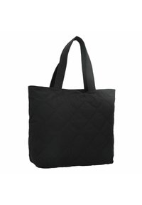Bolsa de tote negra acolchada con dos asas de tela, forma rectangular, textura suave y patrón en diamante en la superficie.