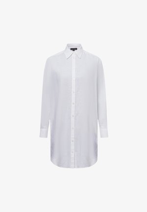 Langärmliges weißes Hemd aus leichtem Stoff, mit einem Kragen, einer knöpfbaren Vorderseite und einem abgerundeten Saum.