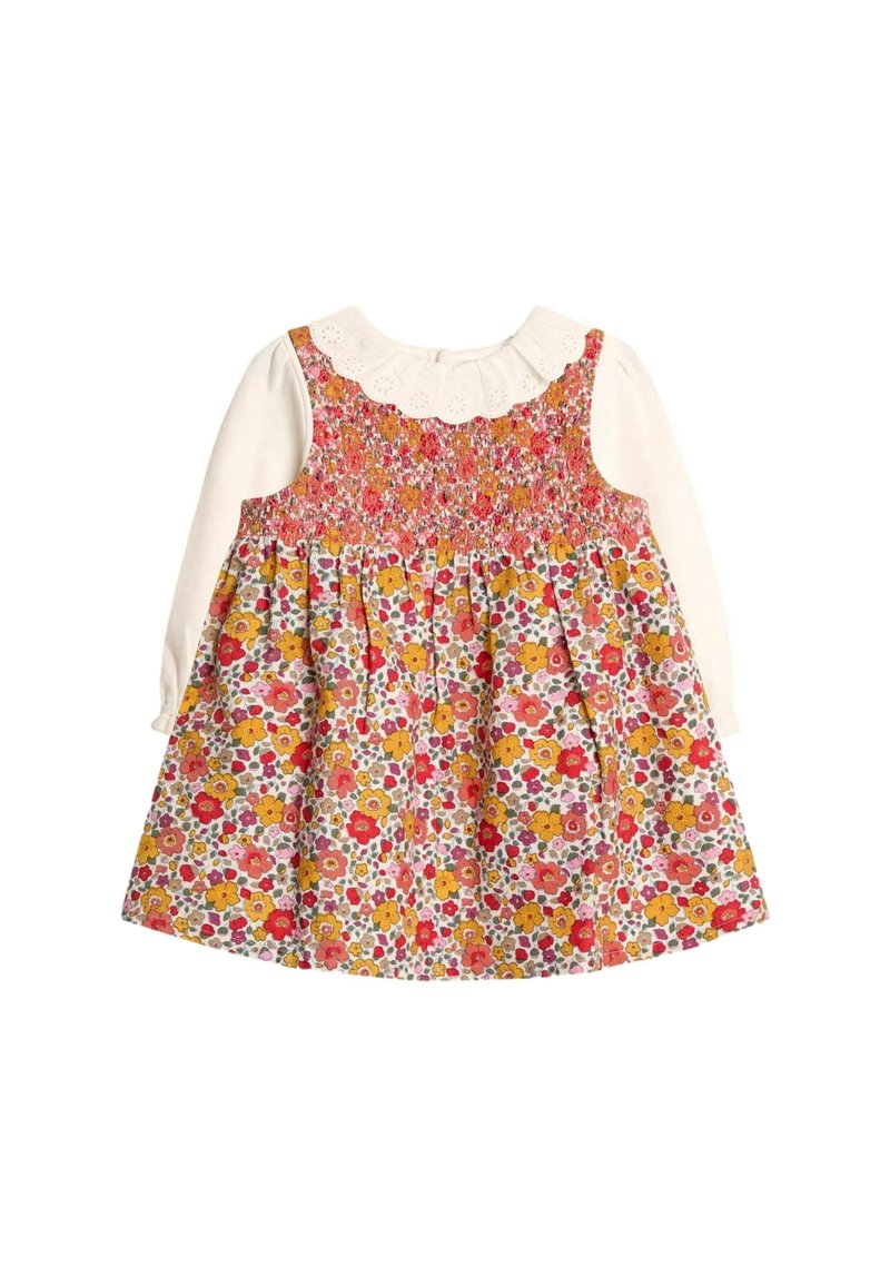 Blumenkleid mit langen weißen Ärmeln, pink- und gelbblumenmuster, gerafftem Oberteil und weißem, gewelltem Kragen. Baumwollmaterial.