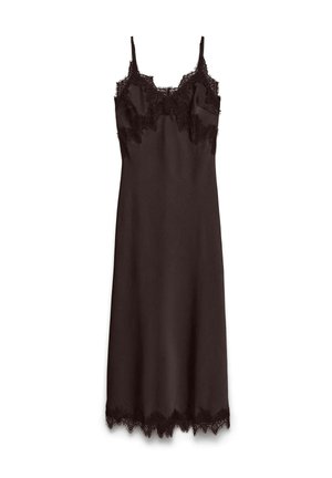 Juoda satino suknelė su reguliuojamomis petnešėlėmis, puošta gėlių nėrinių apdaila ties iškirpte ir apačia, sukuriant subtilų tekstūros kontrastą.