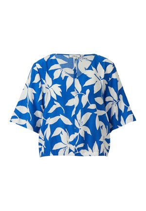 Blue short-sleeve blouse with white large floral print, V-neckline, and elastic hem, laid flat on white background.