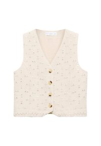 Vesta din in bej cu decolteu în V, având broderie florală și paiete strălucitoare. Cinci butoane aurii pe față și detalii decorative la tiv.
