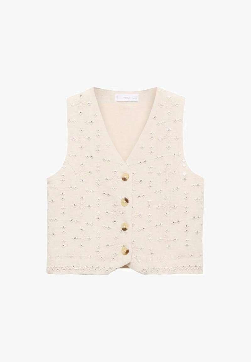 Bež laneni prsluk s v-izrezom, s cvjetnim vezenjem i sjajnim šljokicama. Pet zlatnih dugmadi sprijeda i ukrasni rubni detalji.