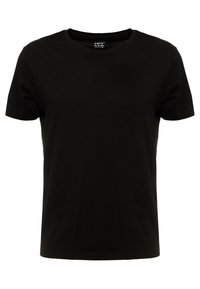 T-shirt noir à manches courtes avec un col rond, fabriqué en tissu doux. Présente une coupe simple et classique sans motifs ni accents.