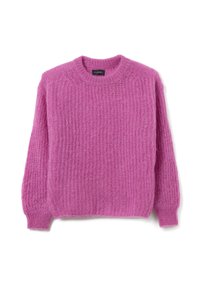 Maglione rosa lavorato a maglia con un motivo testurizzato, scollatura tonda e maniche lunghe. Il tessuto appare morbido e soffice.