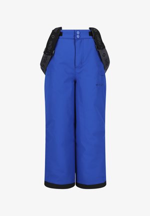 Blå vandtætte bukser med justerbare sorte stropper, to knapper i taljen og sort kant ved kanten. Glat, holdbart materiale.