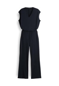 Zwarte jumpsuit met een V-hals, mouwloos ontwerp, wijde pijpen en elastische taille. Gemaakt van gladde, lichte stof.