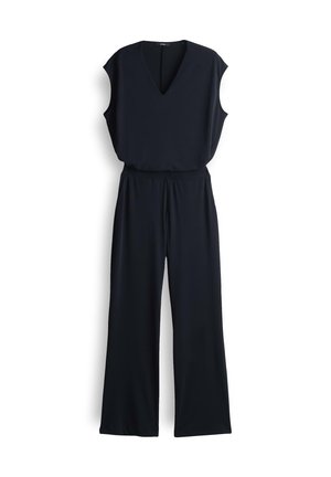 Black jumpsuit with a V-neck, sleeveless design, wide-leg pants, and elastic waist. Made from smooth, lightweight fabric.