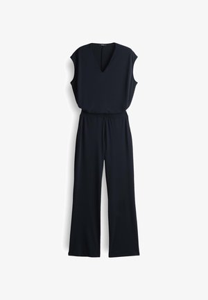Zwarte jumpsuit met een V-hals, mouwloos ontwerp, wijde pijpen en elastische taille. Gemaakt van gladde, lichte stof.