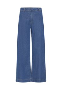 Pantalon en jean à jambes larges de couleur bleu foncé. Caractérisé par un design classique à cinq poches, des passants pour ceinture et un ourlet net. Le tissu présente une légère texture.