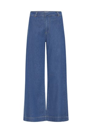 Pantalon en jean à jambes larges de couleur bleu foncé. Caractérisé par un design classique à cinq poches, des passants pour ceinture et un ourlet net. Le tissu présente une légère texture.