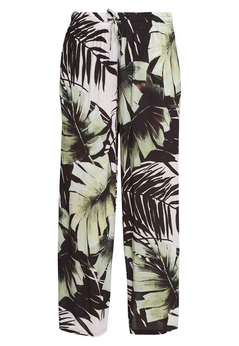 Palazzo kalhoty vyrobené z lehké látky se zeleným a černým tropickým listovým vzorem na bílém pozadí. Mají elastický pas.