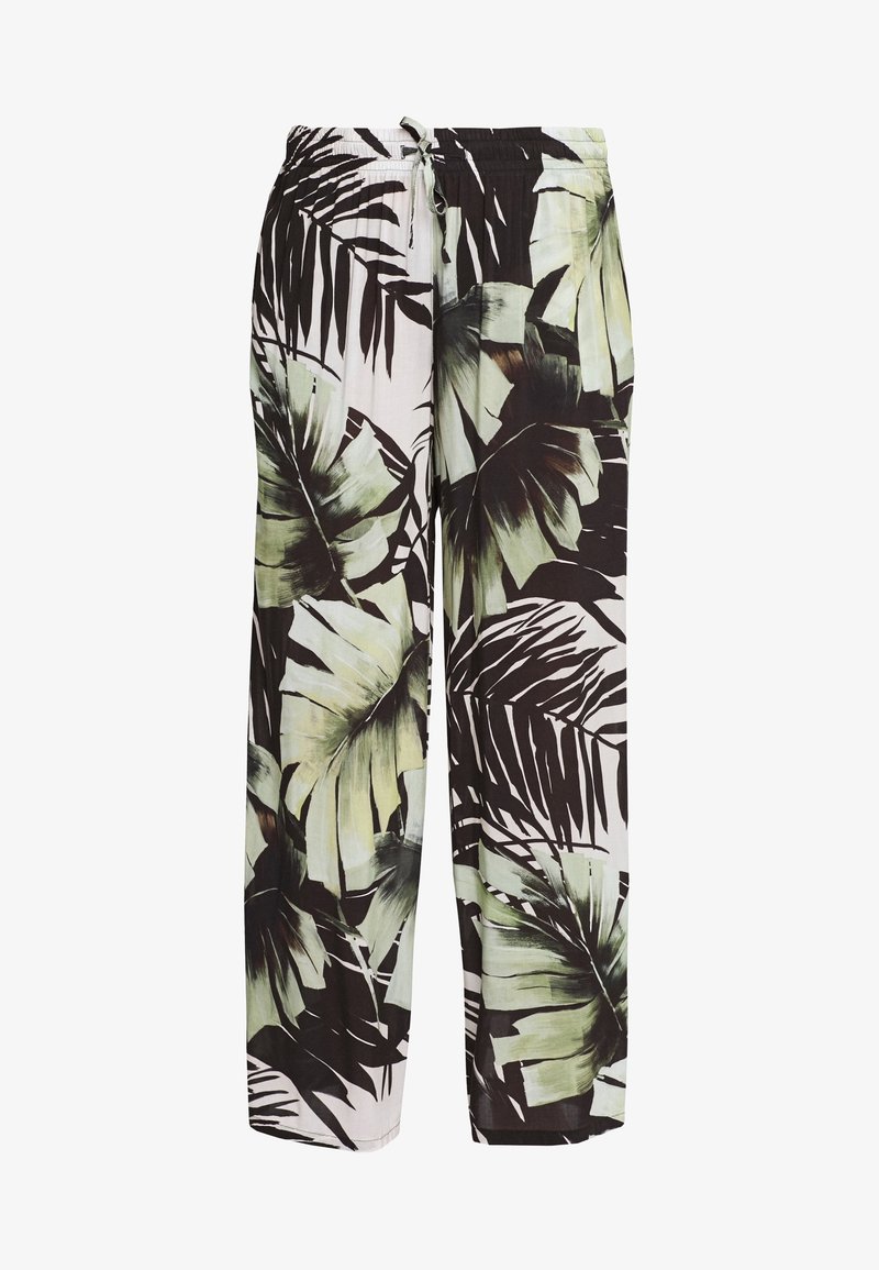 Palazzo kalhoty vyrobené z lehké látky se zeleným a černým tropickým listovým vzorem na bílém pozadí. Mají elastický pas.