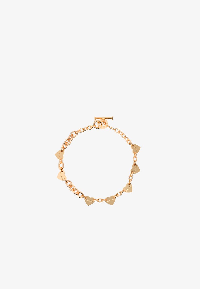 Gold-toned bracelet featuring interconnected chain links and triangular charm accents. Includes a toggle clasp for secure fastening.