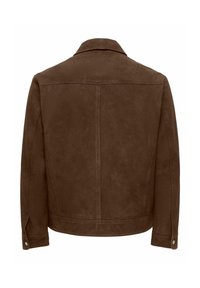 Veste en suédine marron vue de dos avec manches longues, un col et des poignets boutonnés sur fond blanc.