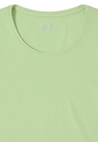 Light green cotton t-shirt with a round neckline. The fabric is smooth with a subtle texture. Features stitched detailing around the collar.