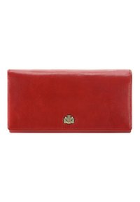 Portefeuille en cuir rouge avec une texture lisse, accent de logo doré et une forme rectangulaire. Présente un design sécurisé avec rabat.