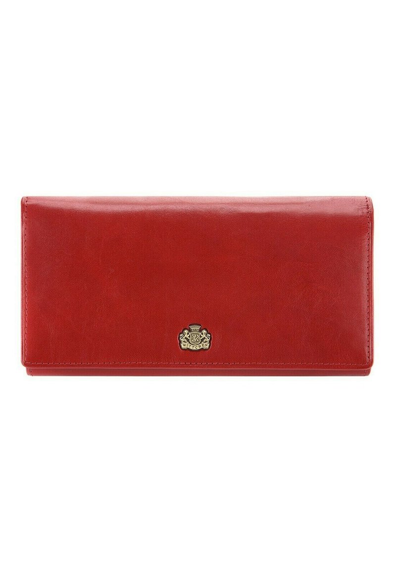 Portefeuille en cuir rouge avec une texture lisse, accent de logo doré et une forme rectangulaire. Présente un design sécurisé avec rabat.