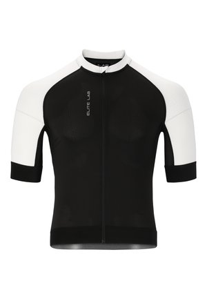 Zwarte fietsshirt met korte mouwen, witte accenten, mesh structuur, rits aan de voorkant en een strakke pasvorm. Bevat een logo aan de voorkant.