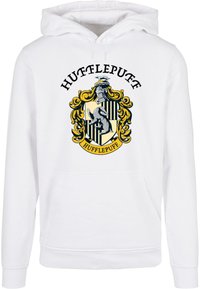 Fehér kapucnis pulóver a Hufflepuff címerével, fekete és sárga díszítéssel, borz emblémával és kenguru zsebből. Állítható kapucni.