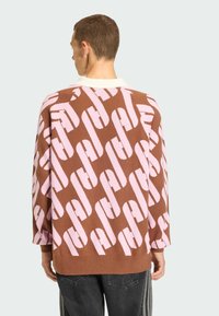 Bruine gebreide trui met een groot roze kettingpatroon, een witte kraag en lange mouwen. De stof oogt zacht en textuurrijk.