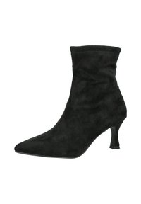 Botín de ante negro hasta el tobillo con punta afilada y tacón kitten delgado, altura hasta la pantorrilla, diseño sin costuras y borde superior cosido.
