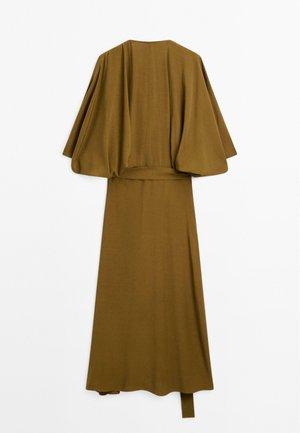 Olive green dress with a loose, batwing design, featuring a wide neckline, long sleeves, and a flowing, floor-length skirt.