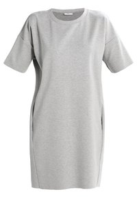 Robe grise à manches courtes en mélange de coton doux, avec un col rond et des fentes sur les côtés pour un confort optimal.