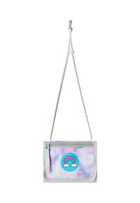 Crossbody pouch in pastel tie-dye fabric with a rainbow and clouds graphic, featuring a zip closure and adjustable matching strap.