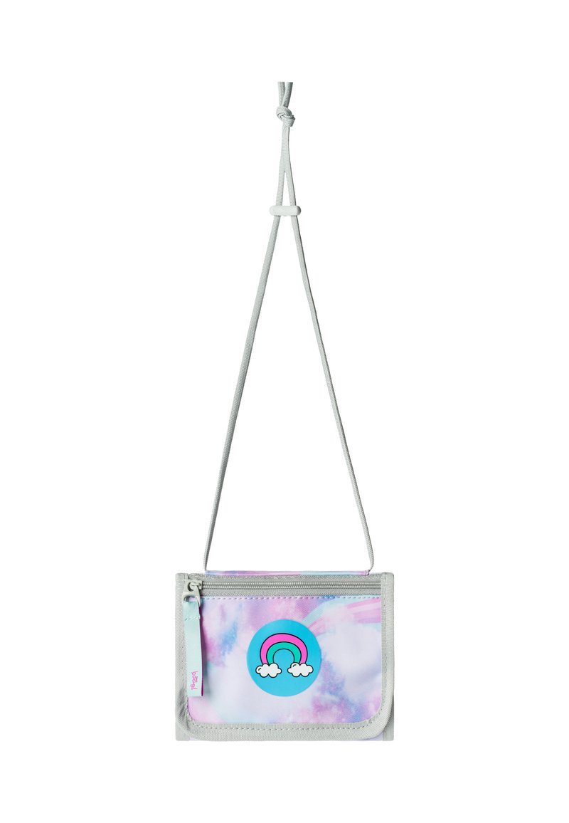 Crossbody pouch in pastel tie-dye fabric with a rainbow and clouds graphic, featuring a zip closure and adjustable matching strap.