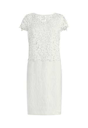 Vestido blanco hasta la rodilla con mangas cortas, con superposición de encaje floral en el corpiño y tela texturizada en la falda.