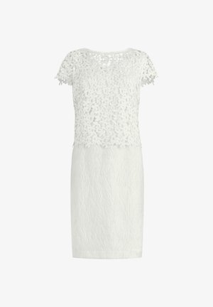 White knee-length dress with short sleeves, featuring floral lace overlay on the bodice and textured fabric on the skirt.