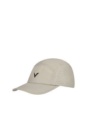 Lyse beige baseballkasket med sort fluebenlogo på fronten og små ventilationshuller langs siderne.