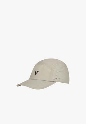 Lyse beige baseballkasket med sort fluebenlogo på fronten og små ventilationshuller langs siderne.
