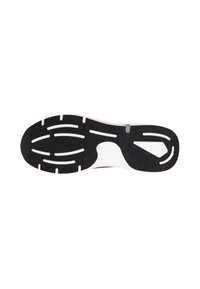Sole di scarpa da ginnastica in bianco e nero con un battistrada a motivo ondulato, scanalature flessibili e un logo in evidenza. Superficie liscia.